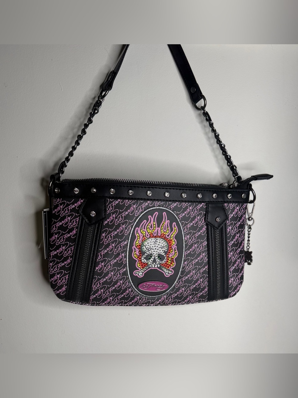 Ed Hardy Y2K Pink and Black Skull Flame shoulder bag NWT